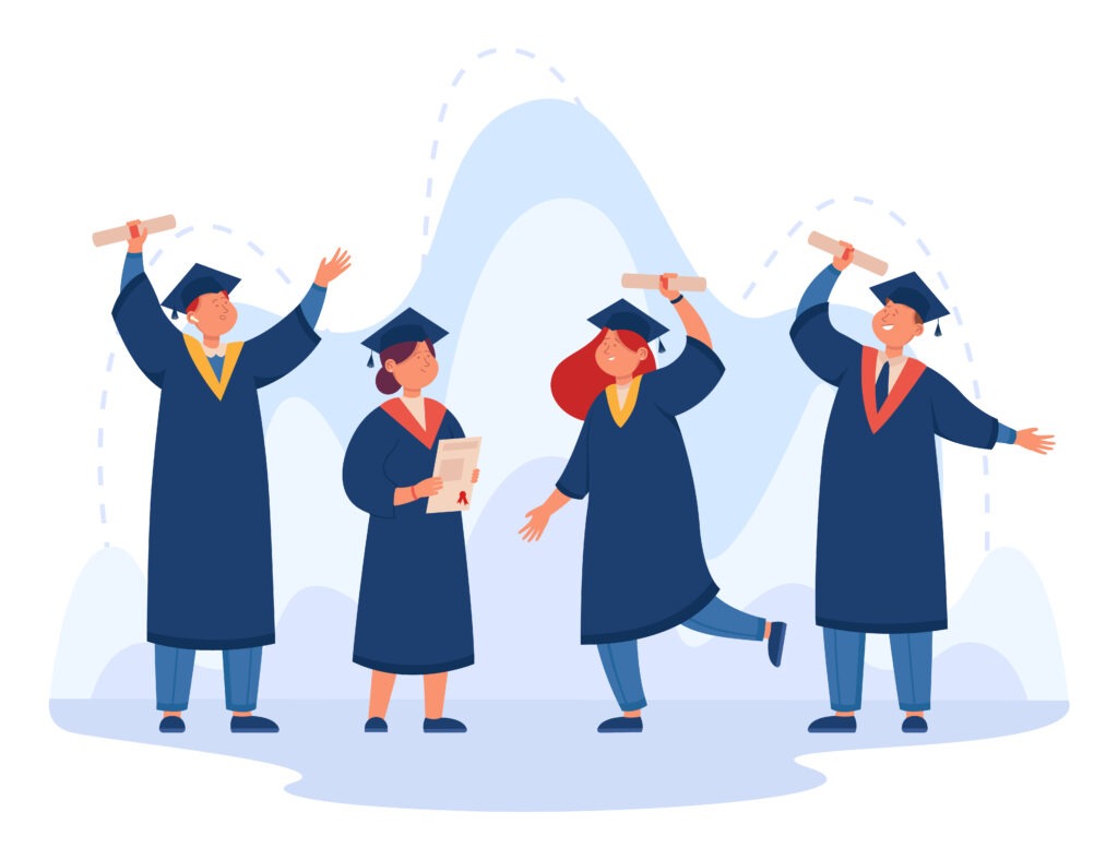 Happy cartoon college or university students holding diplomas