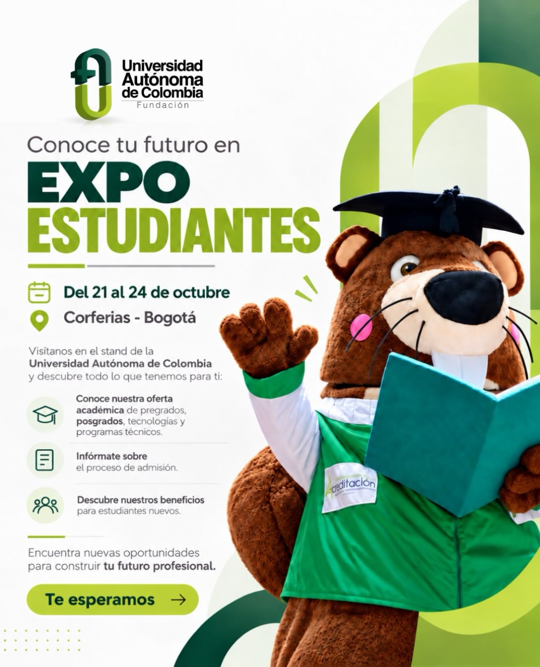 ¡Nos vemos en EXPO ESTUDIANTES!
Descubre nuestra oferta académica, conoce el proceso de admisión y aprovecha los beneficios para estudiantes nuevos.
📍 Corferias, Bogotá
📅 Del 21 al 24 de octubre
¡Visita nuestro stand y construye tu futuro con la FUAC!