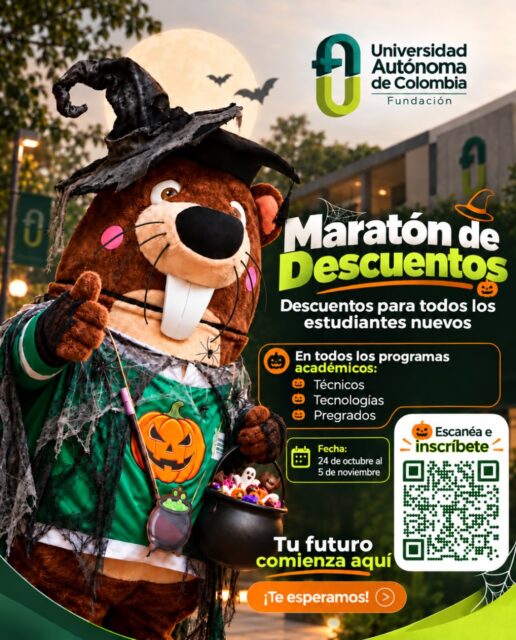 Llega la Maratón de Descuentos de Halloween de la Universidad Autónoma de Colombia, con beneficios para estudiantes nuevos en nuestros programas:
✅ Técnicos
✅ Tecnologías
✅ Pregrados
📅 Del 24 de octubre al 5 de noviembre.
Escanea el código QR de la pieza, conoce las opciones disponibles y da el siguiente paso hacia tu futuro profesional.
🌐 www.soyautonoma.com
📱 WhatsApp: 316 023 3453
📩 admisiones@fuac.edu.co
#UniversidadAutónomaDeColombia #MaratónDeDescuentos #InscripcionesAbiertas #EducaciónSuperior