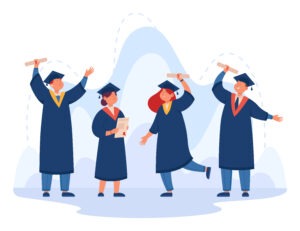 Happy cartoon college or university students holding diplomas