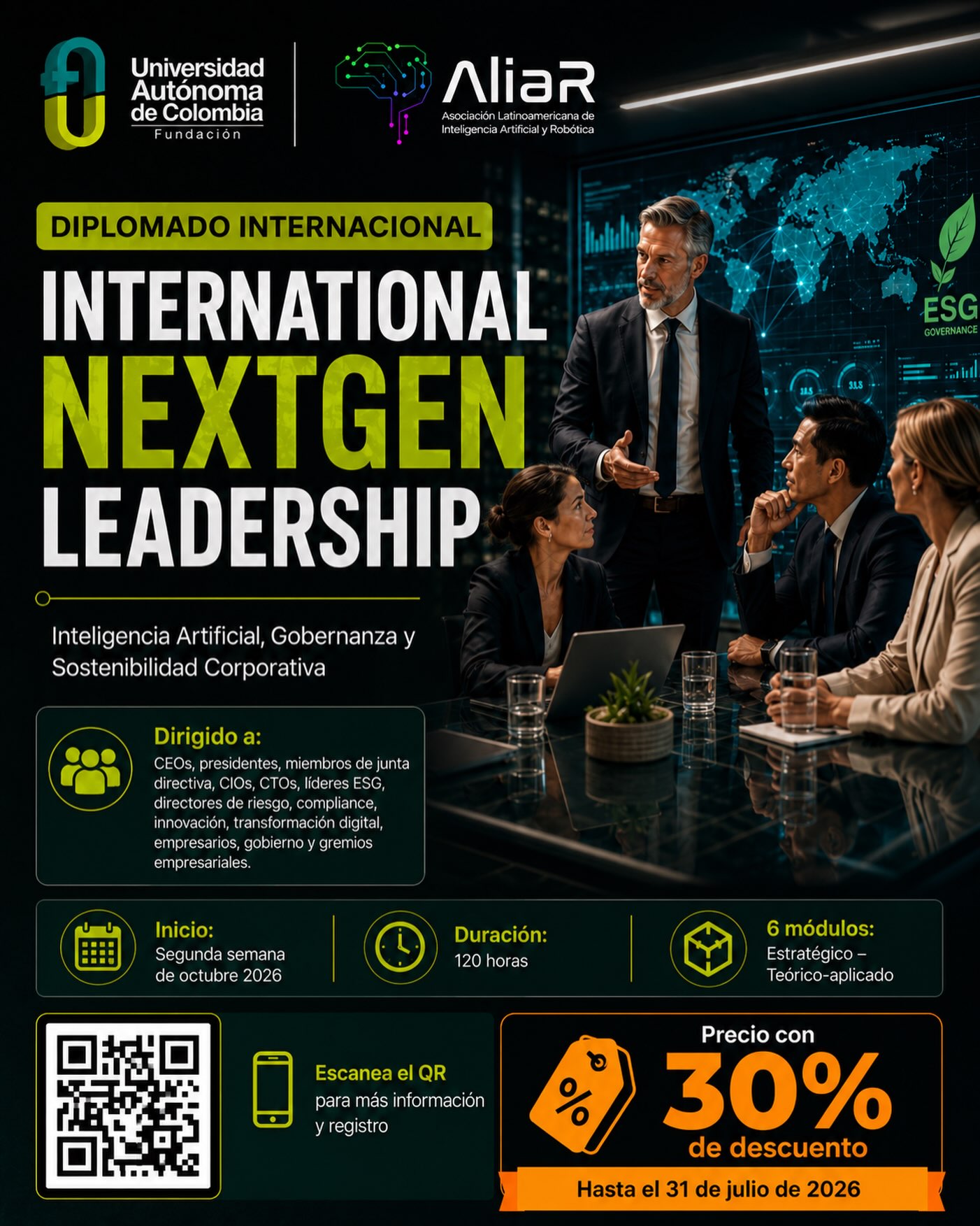 La próxima generación de líderes no solo entiende la Inteligencia Artificial: sabe integrarla con estrategia, gobernanza, sostenibilidad y gestión del riesgo.
Prepárate para tomar decisiones empresariales más sólidas con el Diplomado Internacional International NextGen Leadership, desarrollado para altos directivos, líderes de innovación, transformación digital, ESG y gobierno corporativo.
Inicio en octubre de 2026.
Aprovecha el 30% de descuento hasta el 31 de julio.
Escanea el código QR para conocer mas información del diplomado y regístrate.
#diplomadoia #diplomadolideres #inteligenciaartificial #fuac #bogotá