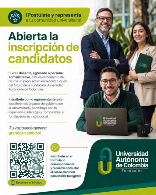 ¡Es momento de dar un paso y representar a tu comunidad universitaria! 🙌

Si eres docente, egresado o personal administrativo, postúlate como representante ante los órganos de gobierno de la Fundación Universidad Autónoma de Colombia y contribuye con tu experiencia, liderazgo y compromiso al fortalecimiento de nuestra institución.

📲 Escanea el código QR e inscríbete en el formulario correspondiente. No olvides consultar el censo electoral para validar tu registro.

¡Tu voz puede generar grandes cambios! 💚💛

#EleccionesFUAC #UniversidadAutónomaDeColombia #ParticipaciónUniversitaria