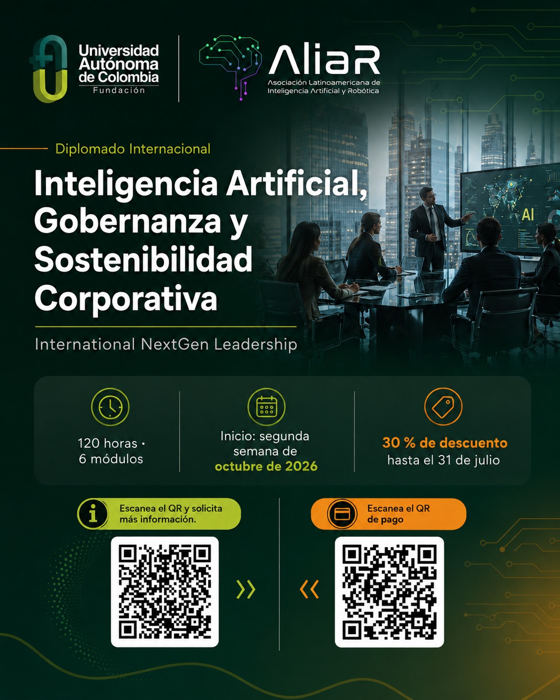 Lidera la transformación con Inteligencia Artificial.
La inteligencia artificial ya está redefiniendo la forma en que las organizaciones toman decisiones, innovan y generan impacto. Prepárate para afrontar estos desafíos con una formación de nivel internacional.
📚 Diplomado Internacional en Inteligencia Artificial, Gobernanza y Sostenibilidad Corporativa
✔️ 120 horas | 6 módulos
📅 Inicio: segunda semana de octubre de 2026
🎓 Certificación con enfoque internacional junto a AliAR.
🎁 Aprovecha el 30 % de descuento hasta el 31 de julio.
📲 Escanea el código QR y conoce toda la información o realiza tu inscripción.
#UniversidadAutónomaDeColombia #DiplomadoInternacional #InteligenciaArtificial #Gobernanza #SostenibilidadCorporativa