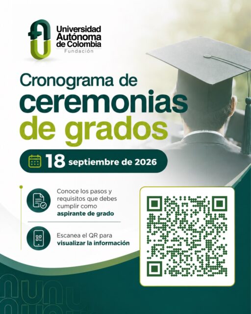 🎓 ¡El momento de alcanzar tu meta está cada vez más cerca! ✨
Si eres aspirante a grado, ya puedes consultar el cronograma de ceremonias programadas para el 18 de septiembre de 2026.
📲 Escanea el código QR y conoce los pasos, requisitos y fechas que debes cumplir para vivir este importante logro académico o visita nuestro sitio web 🌐 soyautonoma.com
¡Prepárate para celebrar el fruto de tu esfuerzo y dar el siguiente paso en tu futuro profesional! 💚
#GraduacionesFUAC #SoyAutónoma #UniversidadAutónomaDeColombia #GraduadosFUAC