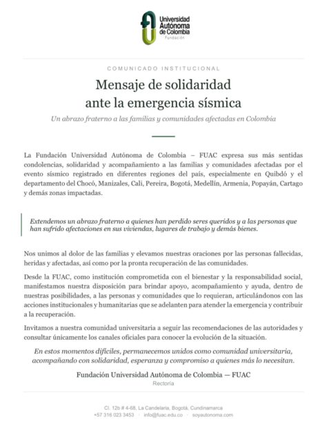 La Fundación Universidad Autónoma de Colombia – FUAC expresa su solidaridad con las familias y comunidades afectadas por la emergencia sísmica registrada en diferentes regiones del país.
Reiteramos nuestra disposición de apoyar y acompañar a quienes lo necesiten.
Hoy más que nunca, permanecemos unidos como comunidad universitaria, con solidaridad, esperanza y compromiso.🤝
#FUAC #Solidaridad #Colombia