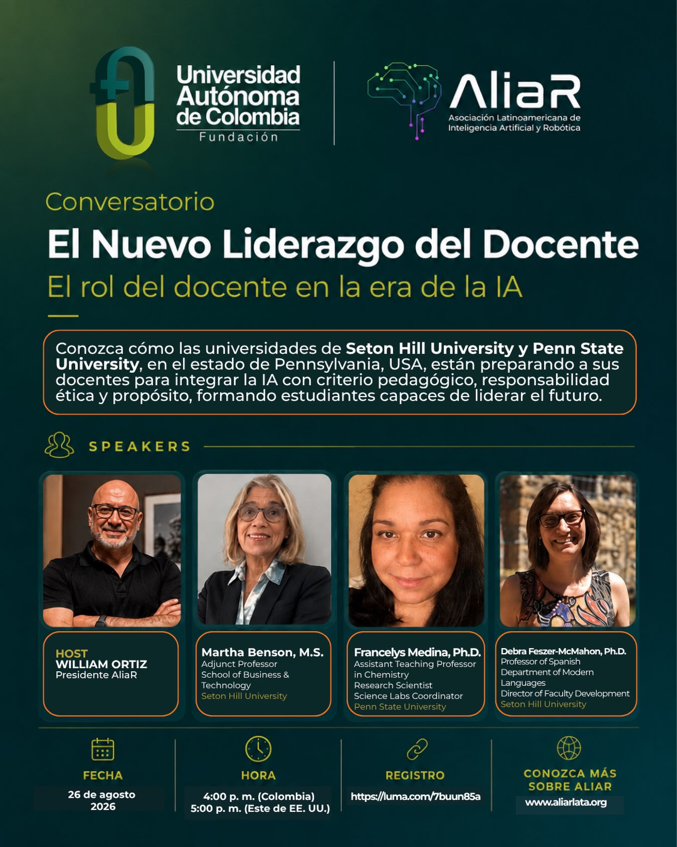 🤖 El nuevo liderazgo del docente en la era de la IA.

Acompáñanos en este conversatorio con expertos de Seton Hill University y Penn State University para conocer cómo la inteligencia artificial está transformando el rol docente y la educación.

📅 26 de agosto | 🕓 4:00 p. m. Colombia
🔗 Regístrate: https://luma.com/7buun85a

#UniversidadAutónomaDeColombia #InteligenciaArtificial #AliaR #ia