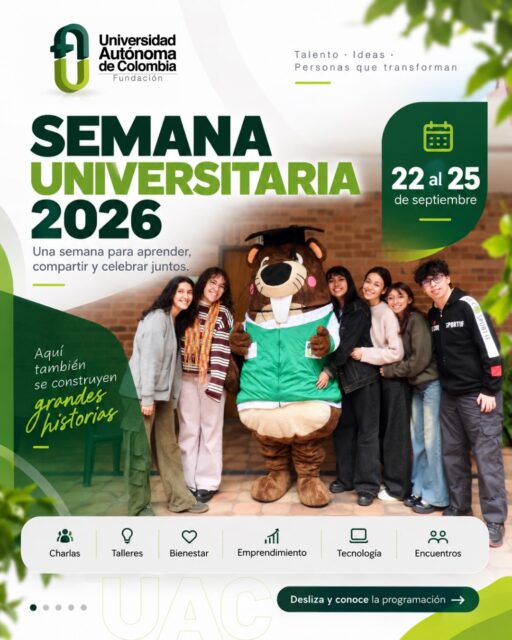 ¡Conoce el cronograma de nuestra semana universitaria! 
Prepárate para vivir una semana llena de encuentros, actividades, cultura, integración y experiencias pensadas para nuestra comunidad universitaria. 🙌

📅 Revisa el cronograma, guarda tus actividades favoritas y prepárate para disfrutar cada momento de nuestra Semana Universitaria.

Porque la Universidad también se vive, se comparte y se construye juntos.

¡Nos vemos en el campus!

#SemanaUniversitaria #FUAC #UniversidadAutónomaDeColombia #soyautonoma