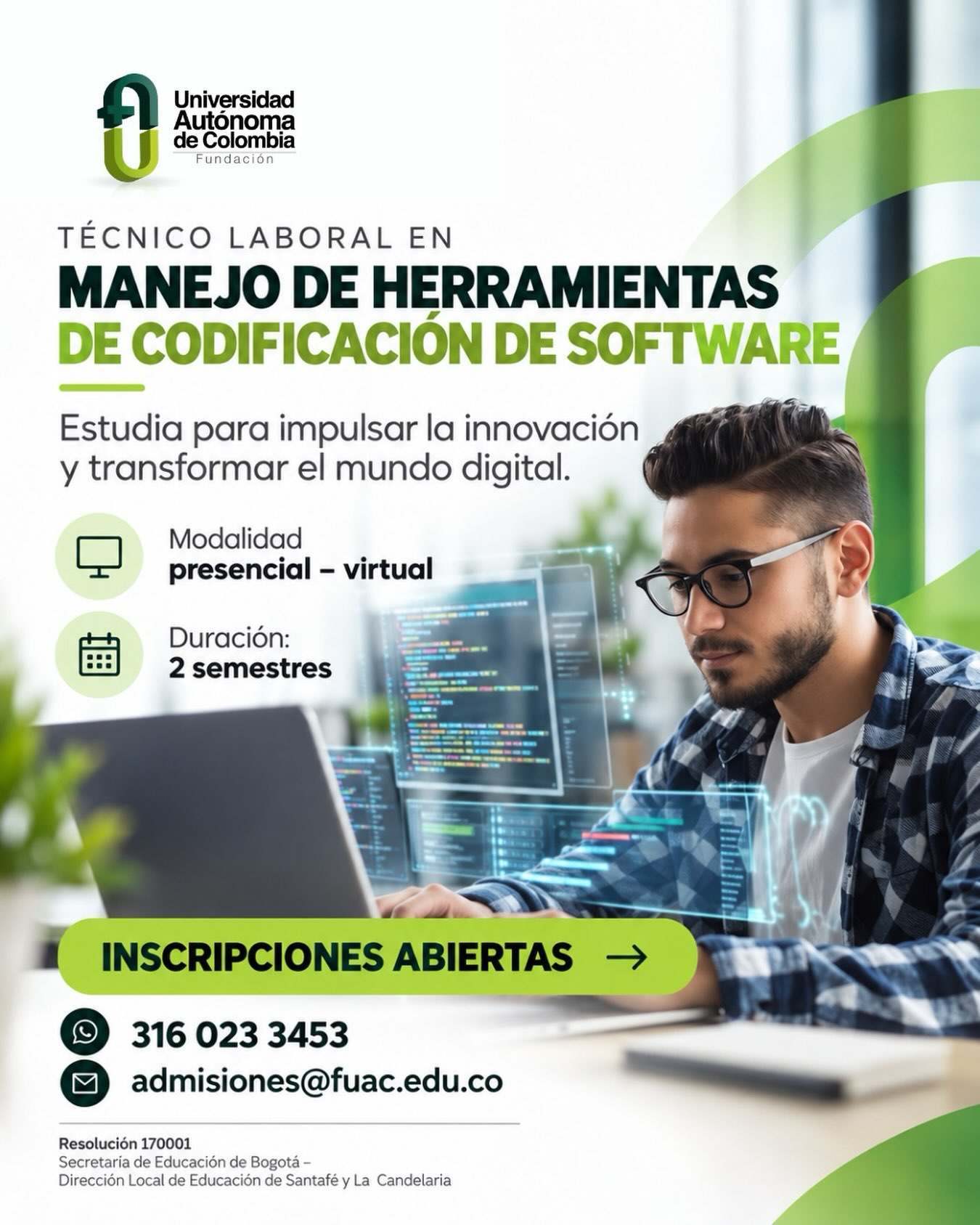Conviértete en un profesional preparado para los desafíos tecnológicos con el Técnico Laboral en Manejo de Herramientas de Codificación de Software de la Universidad Autónoma de Colombia.

🚀 Inscripciones abiertas
📚 Duración: 2 semestres
📍 Modalidad: Presencial – Virtual

Da el siguiente paso y desarrolla habilidades para crear, innovar y transformar el mundo digital.

📲 WhatsApp: 316 023 3453
📧 Correo: admisiones@fuac.edu.co
📍 Dirección: Calle 12 B #4-28, Bogotá
🌐 soyautonoma.com

👉 Escríbenos y conoce el proceso de inscripción, requisitos y beneficios económicos disponibles.

#UniversidadAutónomaDeColombia #TécnicoLaboral #Programación Codificación